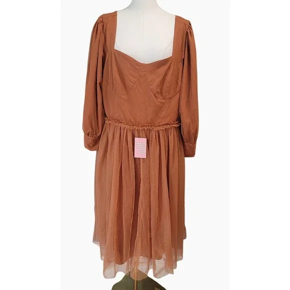 Ivy City Rust Orange Tulle Square Neck Puff Sleeve Midi Dress Plus‎ Size 2X